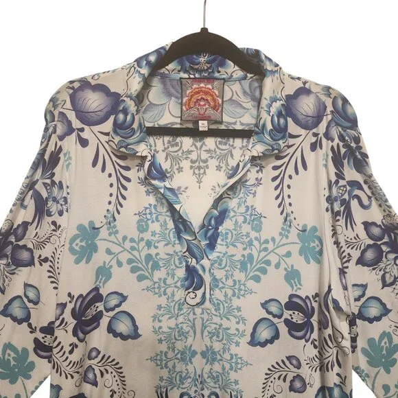 Johnny Was Women White & Blue Tunic Top Bamboo Print Farrow Polo Swing Dress  XL - Picture 5 of 7